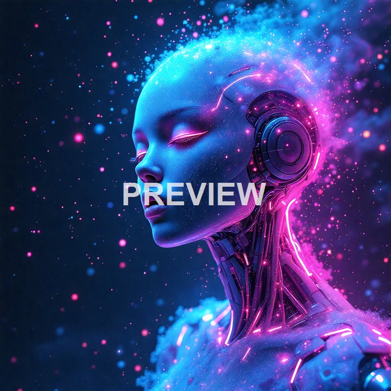 A futuristic female robot with a sleek, glowing metallic face and closed eyes, surrounded by vibrant pink and blue particles and light effects.